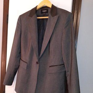 Express Leather Trimmed Gray and Black Stretch Blazer